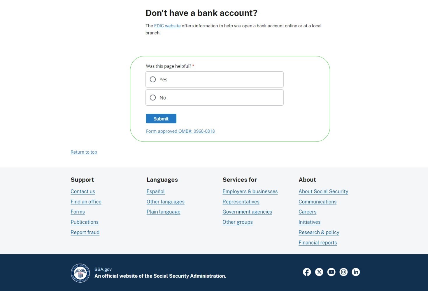 Image of a Social
Security Adminsitration page displaying en embedded survey asking the
user, Was this page helpful?